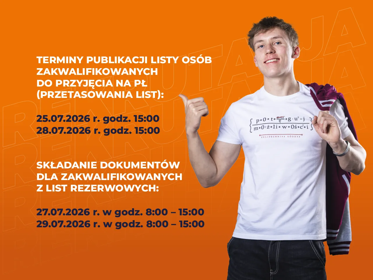 Student pokazuje palcem na widza i zachęca do rekrutacji na PŁ.