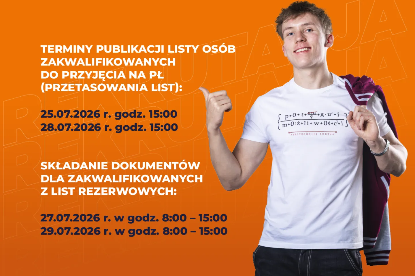 Student pokazuje palcem na widza i zachęca do rekrutacji na PŁ.