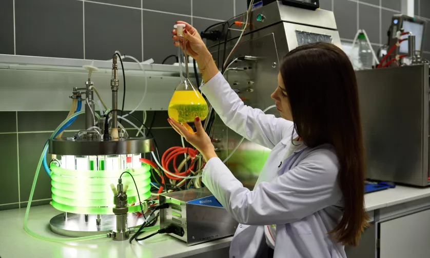 Studentka podnosi kolbę z żółtym płynem.