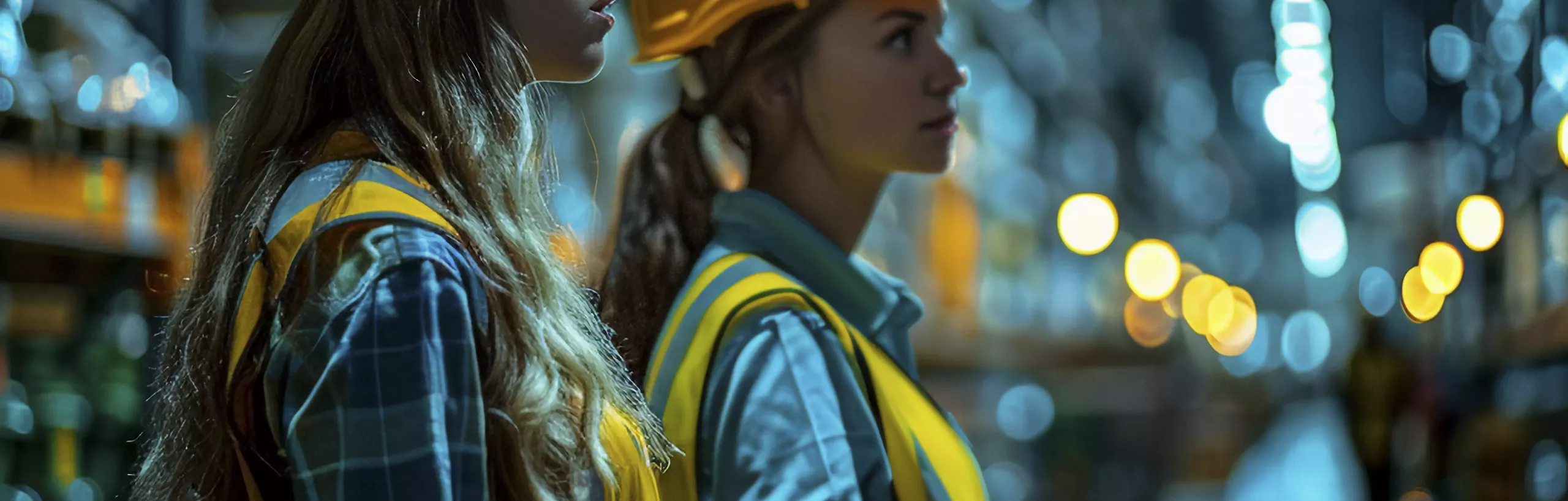 Pracownicy w kaskach ochronnych stojący w magazynie. 